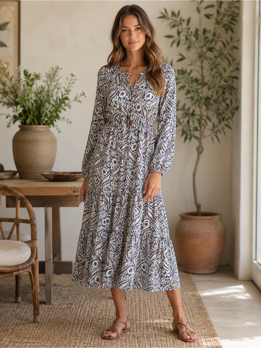 IKOLL Boho Paisley Floral Midi Dress Blue Ivory Long Sleeve Tie Neck Size Medium
